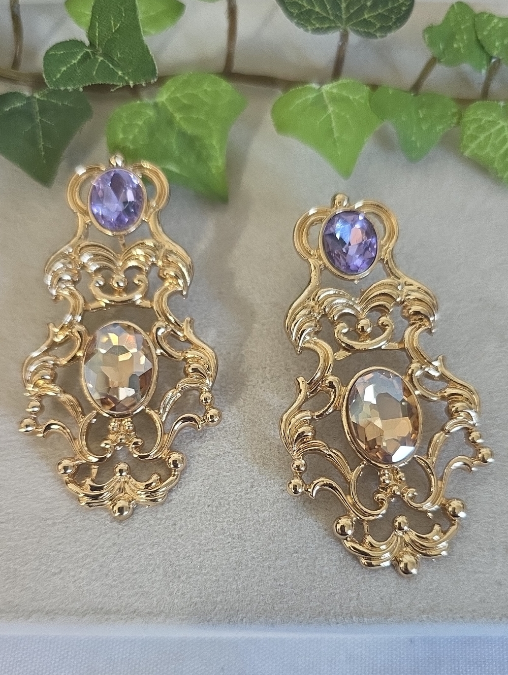 Baroque Gold Filigree Statement Earrings Purple & Champagne Crystal Drops